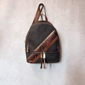 Michael Kors Rhea Zip Signature Backpack Monogram Snake Print Brown/Black Medium